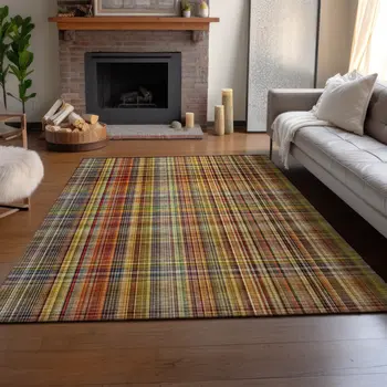 3' X 5' Rust Gold And Green Plaid Washable Area Rug With UV Protection