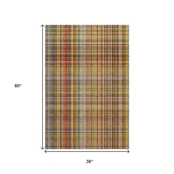 3' X 5' Rust Gold And Green Plaid Washable Area Rug With UV Protection