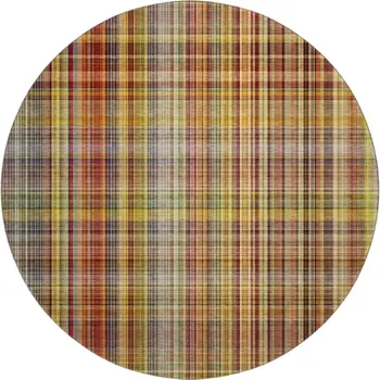 8' Rust Gold And Green Plaid Washable Round Rug With UV Protection