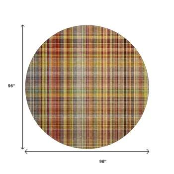 8' Rust Gold And Green Plaid Washable Round Rug With UV Protection