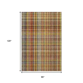 8' X 10' Rust Gold And Green Plaid Washable Area Rug With UV Protection
