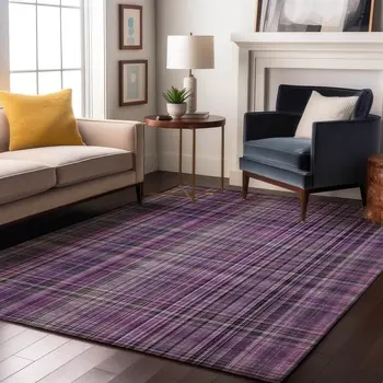 3' X 5' Purple And Gray Plaid Washable Area Rug With UV Protection