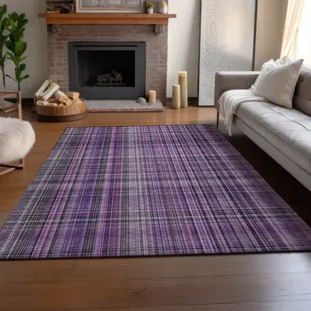 3' X 5' Purple And Gray Plaid Washable Area Rug With UV Protection