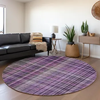 8' Purple And Gray Plaid Washable Round Rug With UV Protection