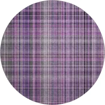 8' Purple And Gray Plaid Washable Round Rug With UV Protection