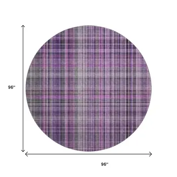 8' Purple And Gray Plaid Washable Round Rug With UV Protection