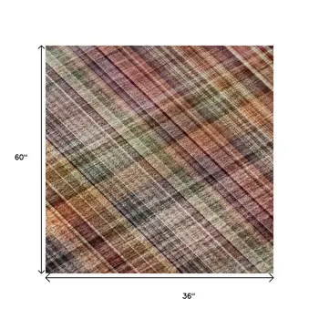 3' X 5' Red Ivory And Gold Plaid Washable Area Rug With UV Protection
