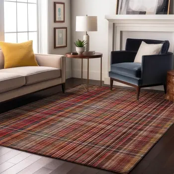 5' X 8' Red Ivory And Gold Plaid Washable Area Rug With UV Protection