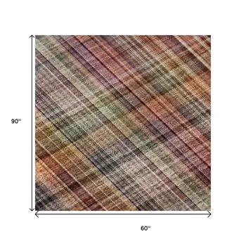 5' X 8' Red Ivory And Gold Plaid Washable Area Rug With UV Protection