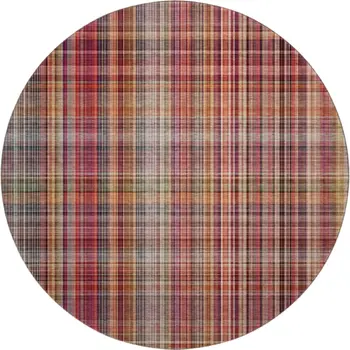 8' Red Ivory And Gold Plaid Washable Round Rug With UV Protection
