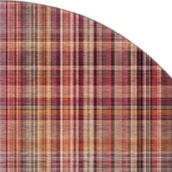 8' Red Ivory And Gold Plaid Washable Round Rug With UV Protection