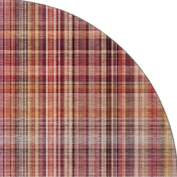 8' Red Ivory And Gold Plaid Washable Round Rug With UV Protection