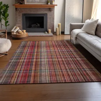 10' X 14' Red Ivory And Gold Plaid Washable Area Rug With UV Protection