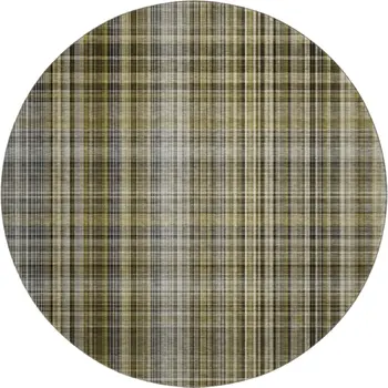 8' Taupe And Coffee Plaid Washable Round Rug With UV Protection