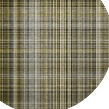 8' Taupe And Coffee Plaid Washable Round Rug With UV Protection