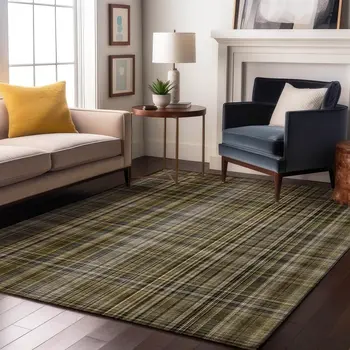 8' X 10' Taupe And Coffee Plaid Washable Area Rug With UV Protection