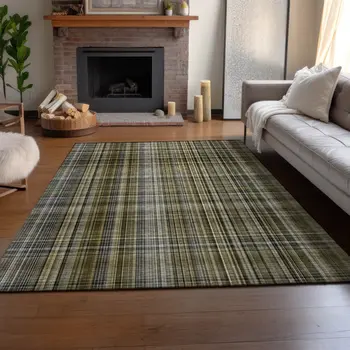8' X 10' Taupe And Coffee Plaid Washable Area Rug With UV Protection