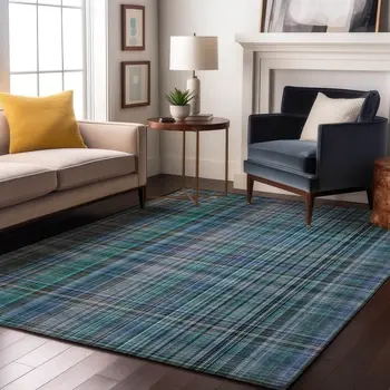 3' X 5' Teal And Gray Plaid Washable Area Rug With UV Protection