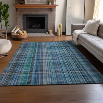 3' X 5' Teal And Gray Plaid Washable Area Rug With UV Protection