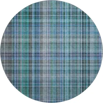8' Teal And Gray Plaid Washable Round Rug With UV Protection