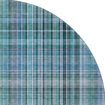 8' Teal And Gray Plaid Washable Round Rug With UV Protection