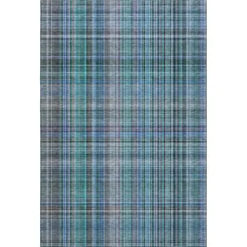 9' X 12' Teal And Gray Plaid Washable Area Rug With UV Protection