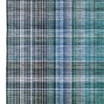 9' X 12' Teal And Gray Plaid Washable Area Rug With UV Protection