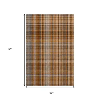 5' X 8' Terra Cotta And Gray Plaid Washable Area Rug With UV Protection