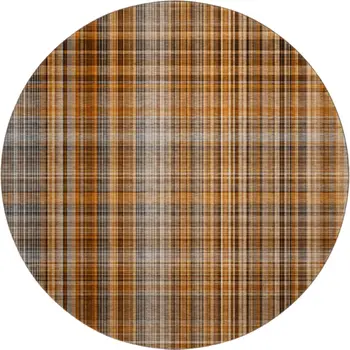 8' Terra Cotta And Gray Plaid Washable Round Rug With UV Protection