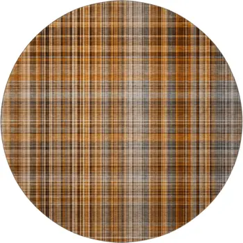 8' Terra Cotta And Gray Plaid Washable Round Rug With UV Protection