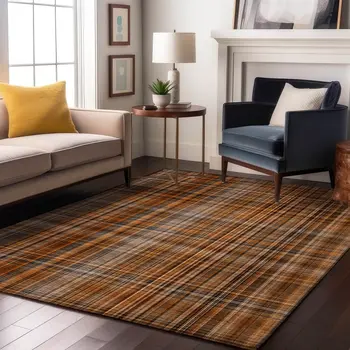 8' X 10' Terra Cotta And Gray Plaid Washable Area Rug With UV Protection
