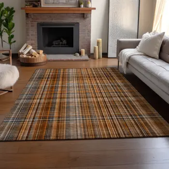 8' X 10' Terra Cotta And Gray Plaid Washable Area Rug With UV Protection