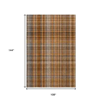 9' X 12' Terra Cotta And Gray Plaid Washable Area Rug With UV Protection