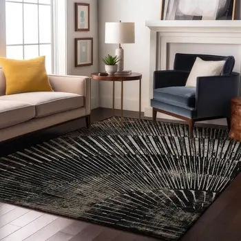 10' X 14' Black And Ivory Geometric Washable Area Rug With UV Protection