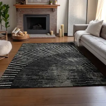 10' X 14' Black And Ivory Geometric Washable Area Rug With UV Protection