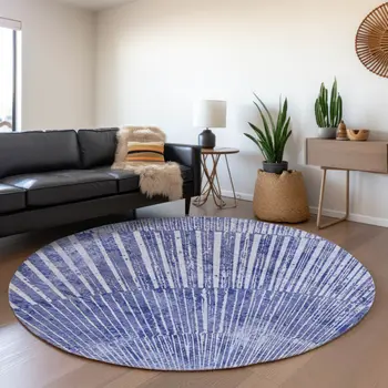 8' Navy Blue And Ivory Geometric Washable Round Rug With UV Protection