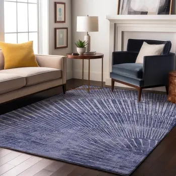 9' X 12' Navy Blue And Ivory Geometric Washable Area Rug With UV Protection