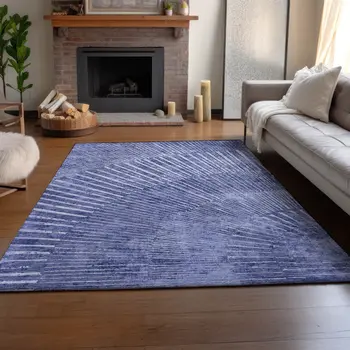 9' X 12' Navy Blue And Ivory Geometric Washable Area Rug With UV Protection