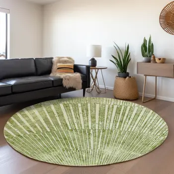 8' Sage And Ivory Geometric Washable Round Rug With UV Protection
