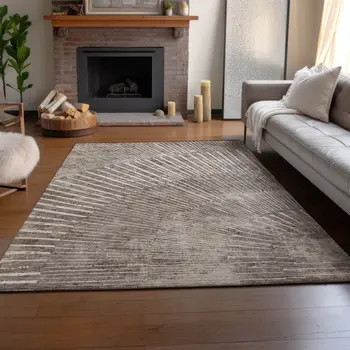 3' X 5' Taupe And Ivory Geometric Washable Area Rug With UV Protection