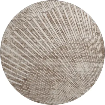 8' Taupe And Ivory Geometric Washable Round Rug With UV Protection