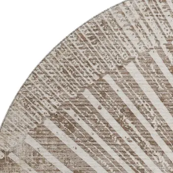 8' Taupe And Ivory Geometric Washable Round Rug With UV Protection