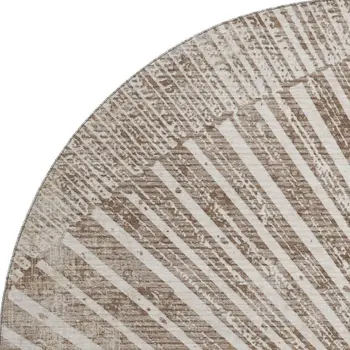 8' Taupe And Ivory Geometric Washable Round Rug With UV Protection