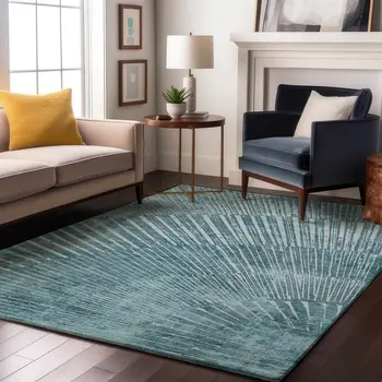 5' X 8' Teal And Ivory Geometric Washable Area Rug With UV Protection