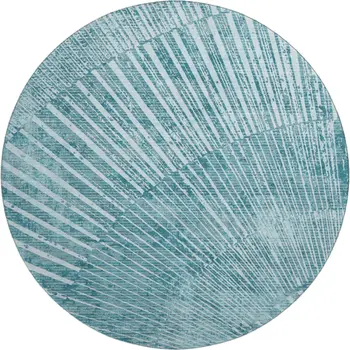 8' Teal And Ivory Geometric Washable Round Rug With UV Protection