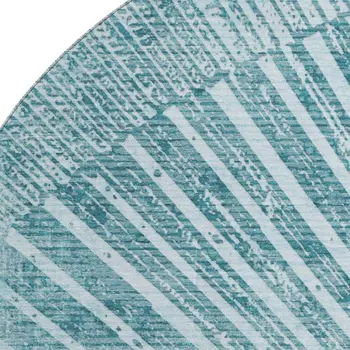 8' Teal And Ivory Geometric Washable Round Rug With UV Protection