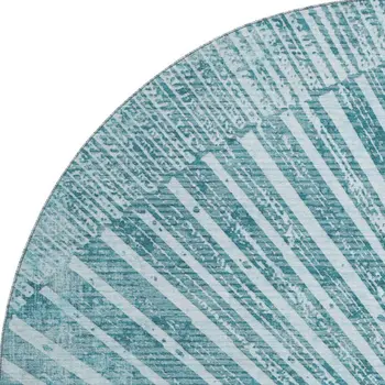 8' Teal And Ivory Geometric Washable Round Rug With UV Protection