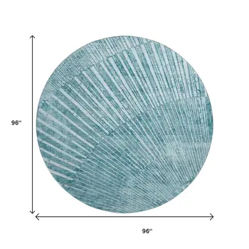 8' Teal And Ivory Geometric Washable Round Rug With UV Protection