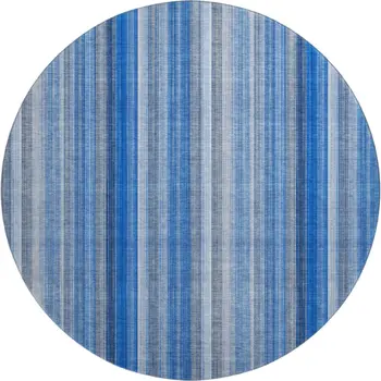 8' Blue And Ivory Striped Washable Round Rug With UV Protection