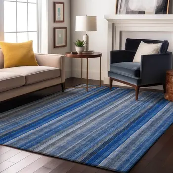 8' X 10' Blue And Ivory Striped Washable Area Rug With UV Protection